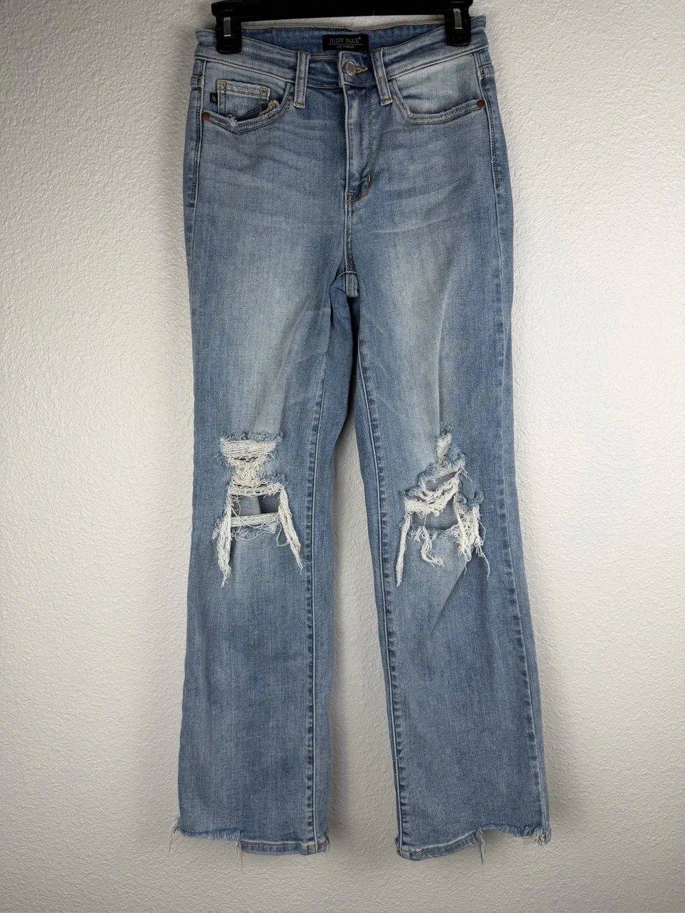 Judy Blue straight fit distressed jeans shredded knee cutouts raw hem Sz 1/25